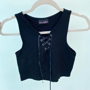Y2K Black V-neck Lace Up Sleeveless Crop Top Size Small